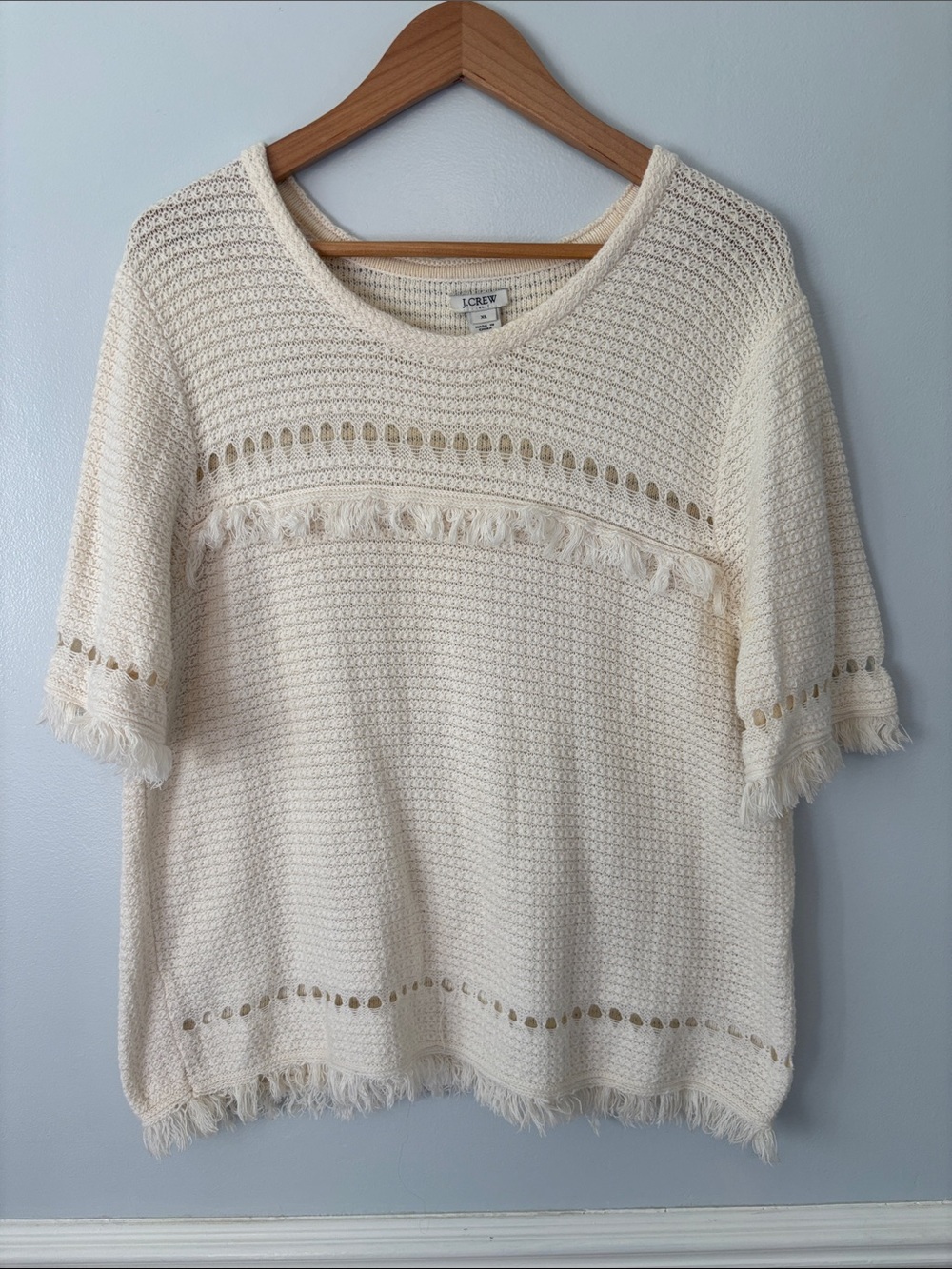 J. Crew Cream Fringe Short-Sleeve Knit Sweater Sz XL Boho Retro Western Knit - Picture 4 of 12